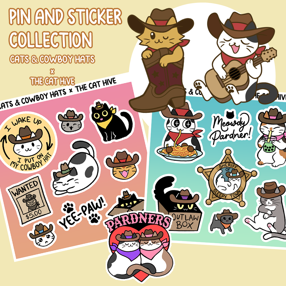 Cats and Cowboy Hats Pin and Sticker Collection