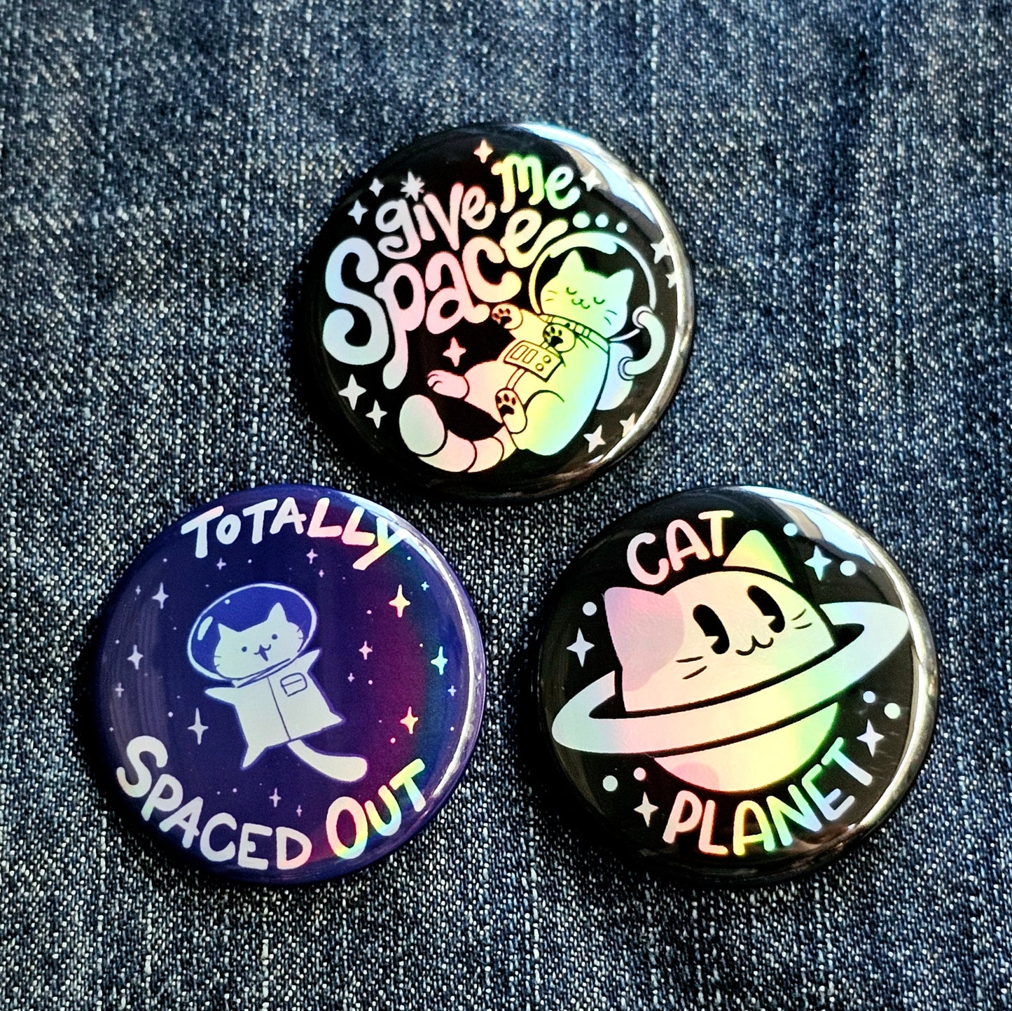 Cats in Space Holographic Pinback Button or Magnet Set