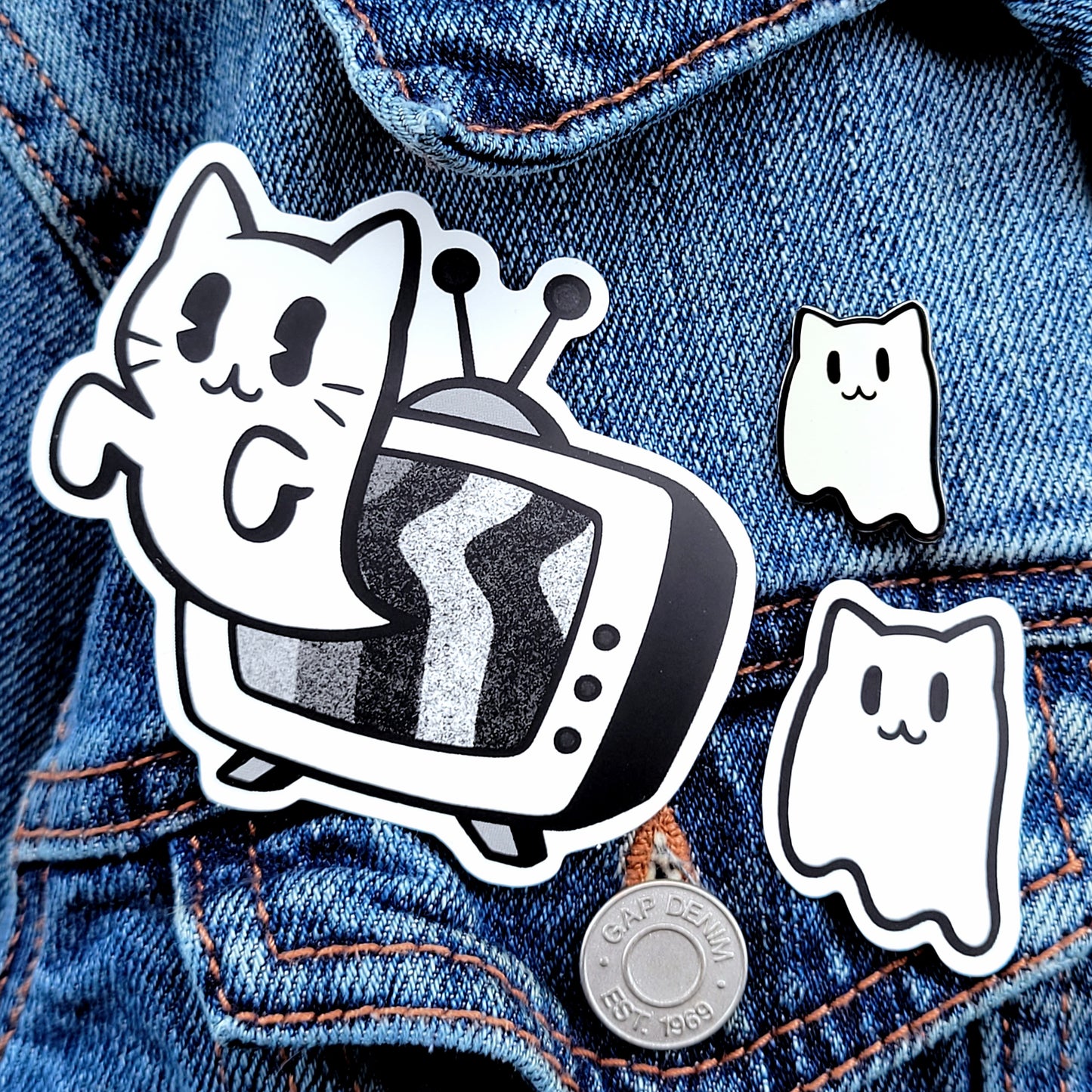 Ghost Kitties Pin and Sticker Set