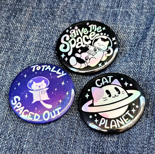 Cats in Space Holographic Pinback Button or Magnet Set